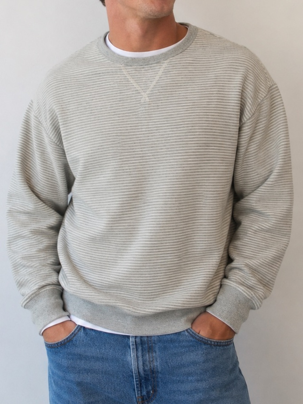 Jachs NY Striped Crewneck Sweater Light Gray Sz XL Fall Casual Basics Cozy Knit